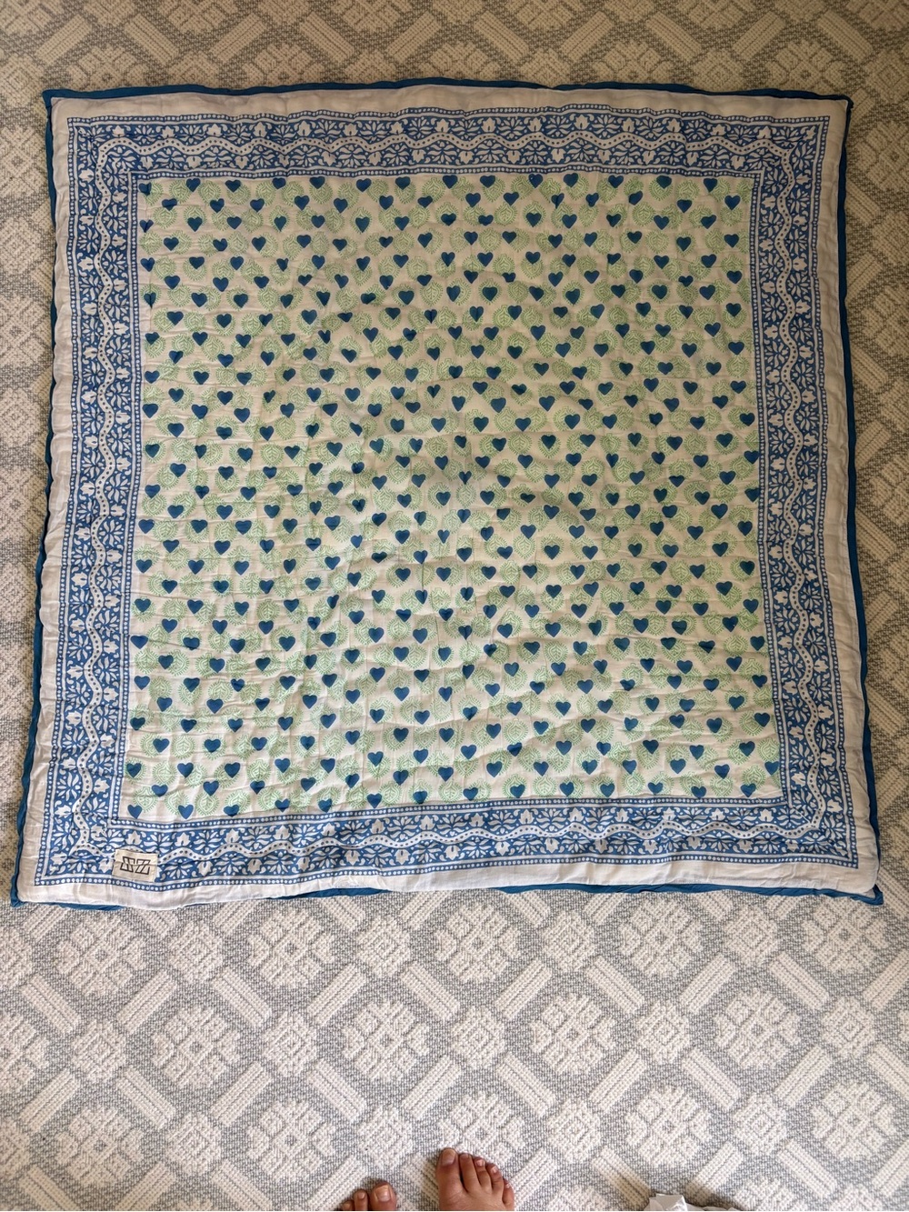J.Crew x SZ Blue and Green Heart Print Square Baby Blanket Quilt